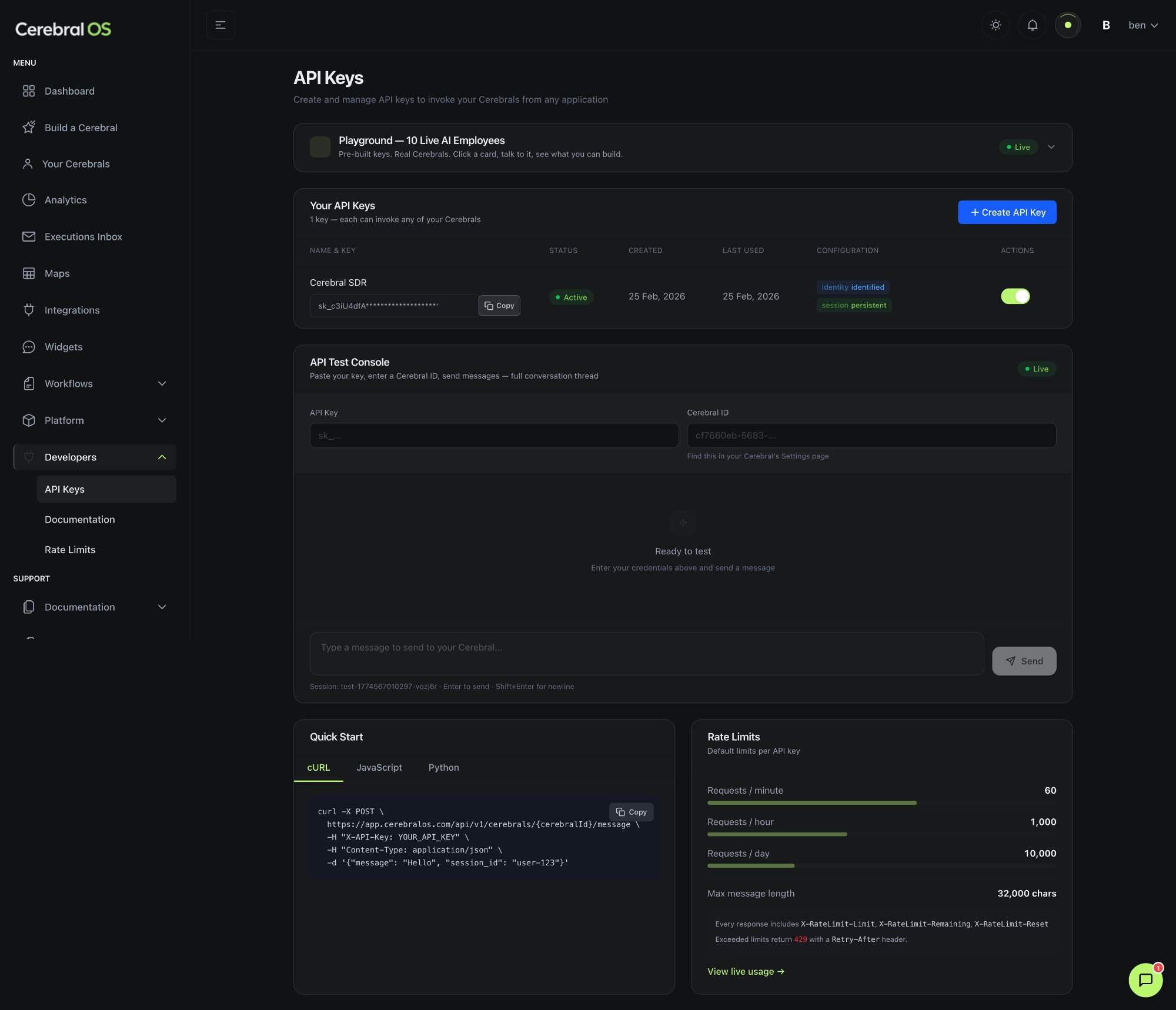 Cerebral OS API Keys Dashboard